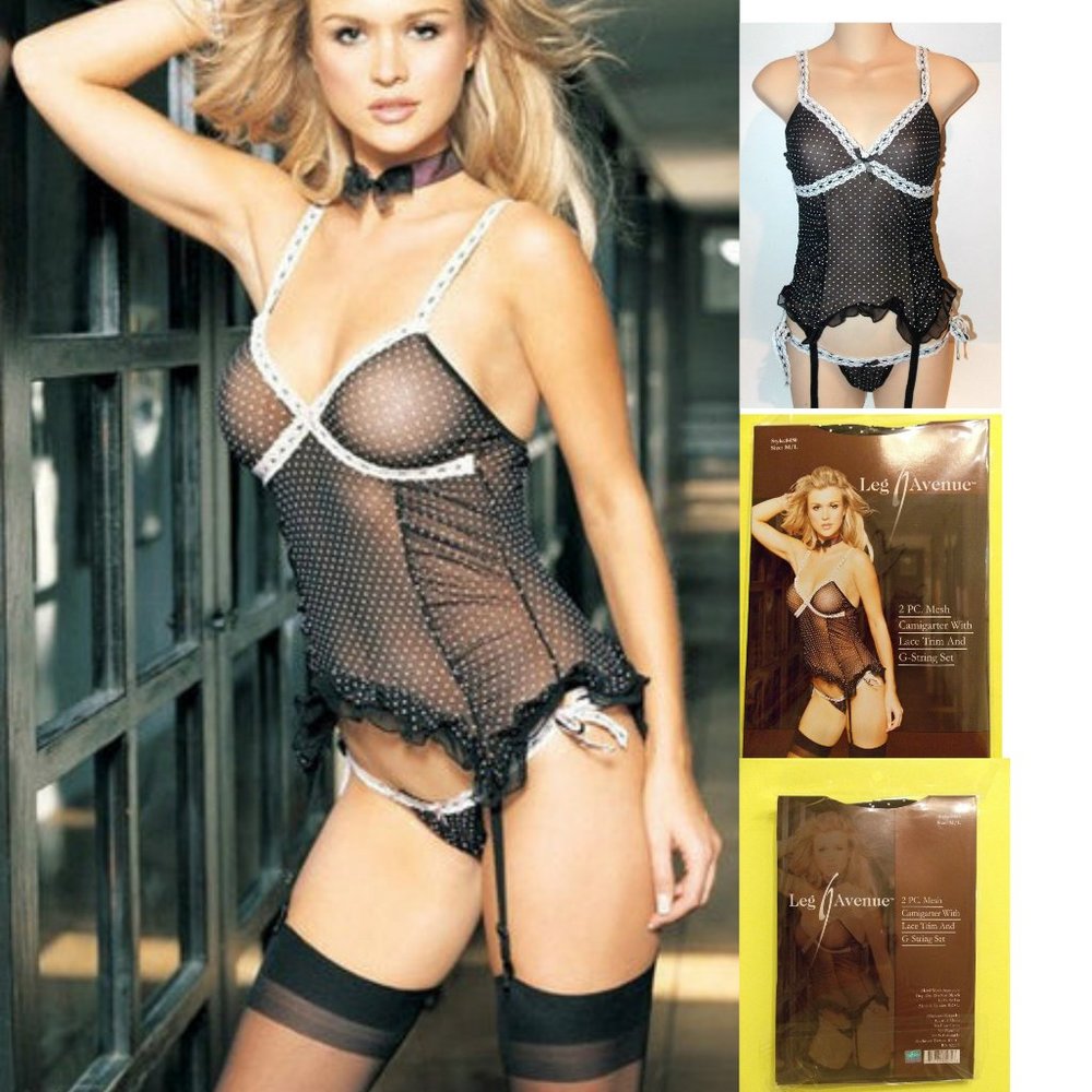 NWT Leg Avenue sexy Mesh Camigarter and tie side Thong Panties LINGERIE SET, M/L